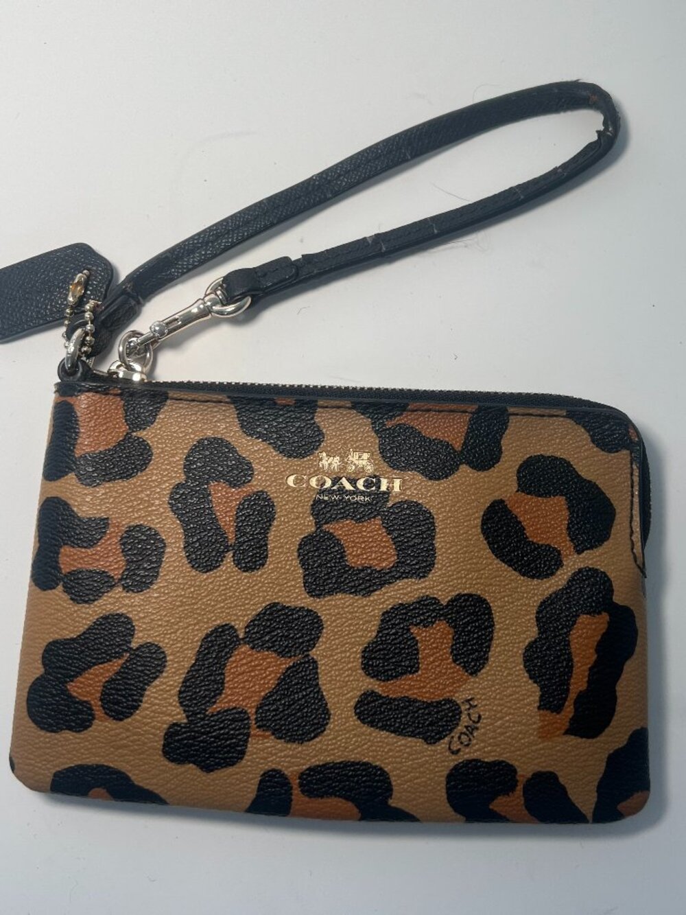 Coach Leopard Print Zip Wristlet Wallet, Black/Tan
